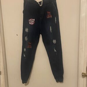 Blue Jean Distressed Jogger Jeans with Red Love Patches